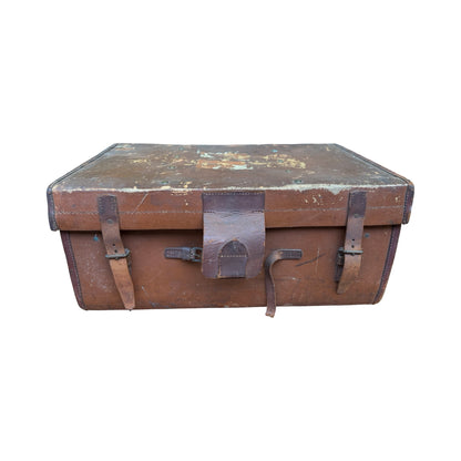 Antique Bick Bros Leather Travel Trunk - Vintage Monogrammed Prop Steamer Chest
