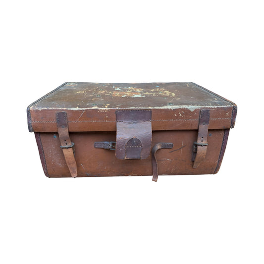 Antique Bick Bros Leather Travel Trunk - Vintage Monogrammed Prop Steamer Chest