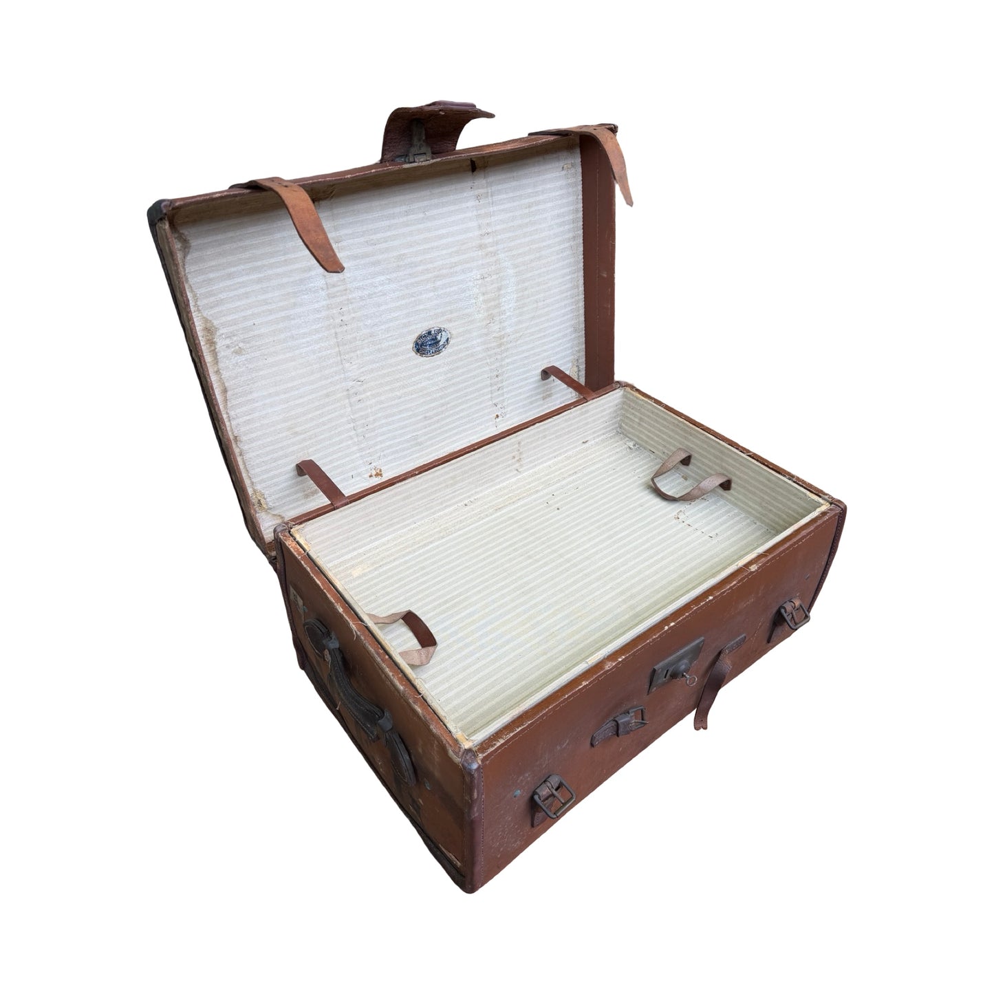 Antique Bick Bros Leather Travel Trunk - Vintage Monogrammed Prop Steamer Chest