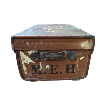 Antique Bick Bros Leather Travel Trunk - Vintage Monogrammed Prop Steamer Chest