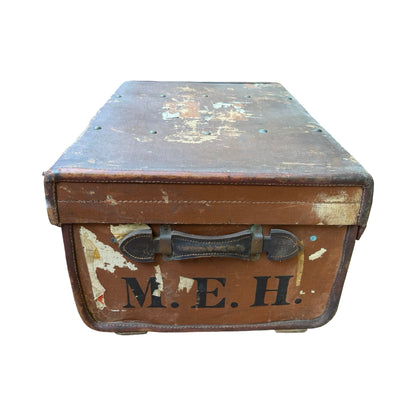 Antique Bick Bros Leather Travel Trunk - Vintage Monogrammed Prop Steamer Chest