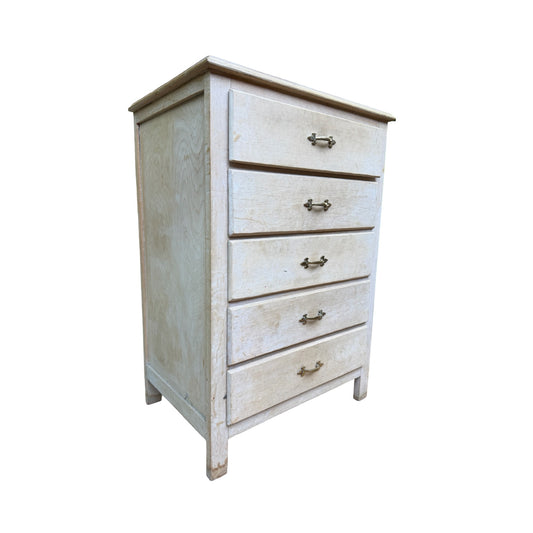 Vintage Whitewashed Tallboy - 5 Drawer Slim Chest of Drawers Storage 90cm High