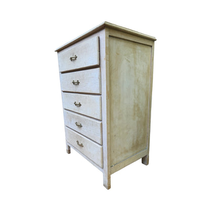 Vintage Whitewashed Tallboy - 5 Drawer Slim Chest of Drawers Storage 90cm High