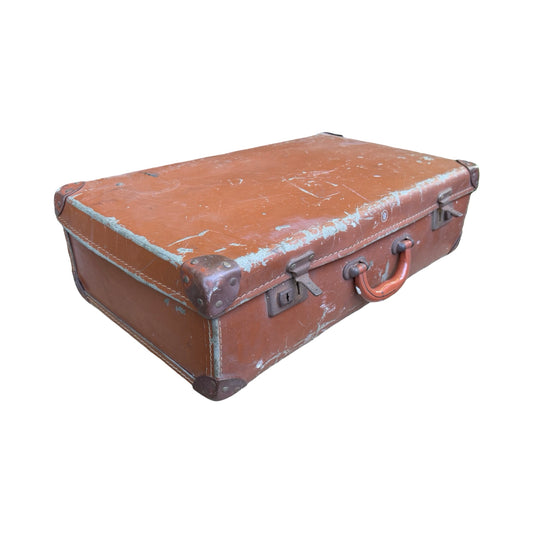 Vintage Industrial Fiberboard Suitcase - Metal Corner Prop Travel Trunk 61cm