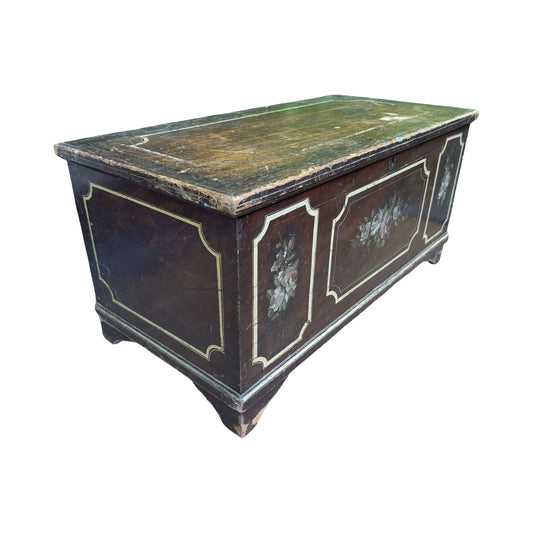 Vintage Hand Painted Folk Art Blanket Chest - Large Floral Pine Trunk Box 105cm