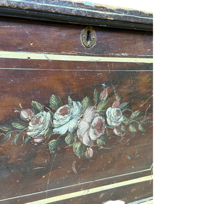 Vintage Hand Painted Folk Art Blanket Chest - Large Floral Pine Trunk Box 105cm