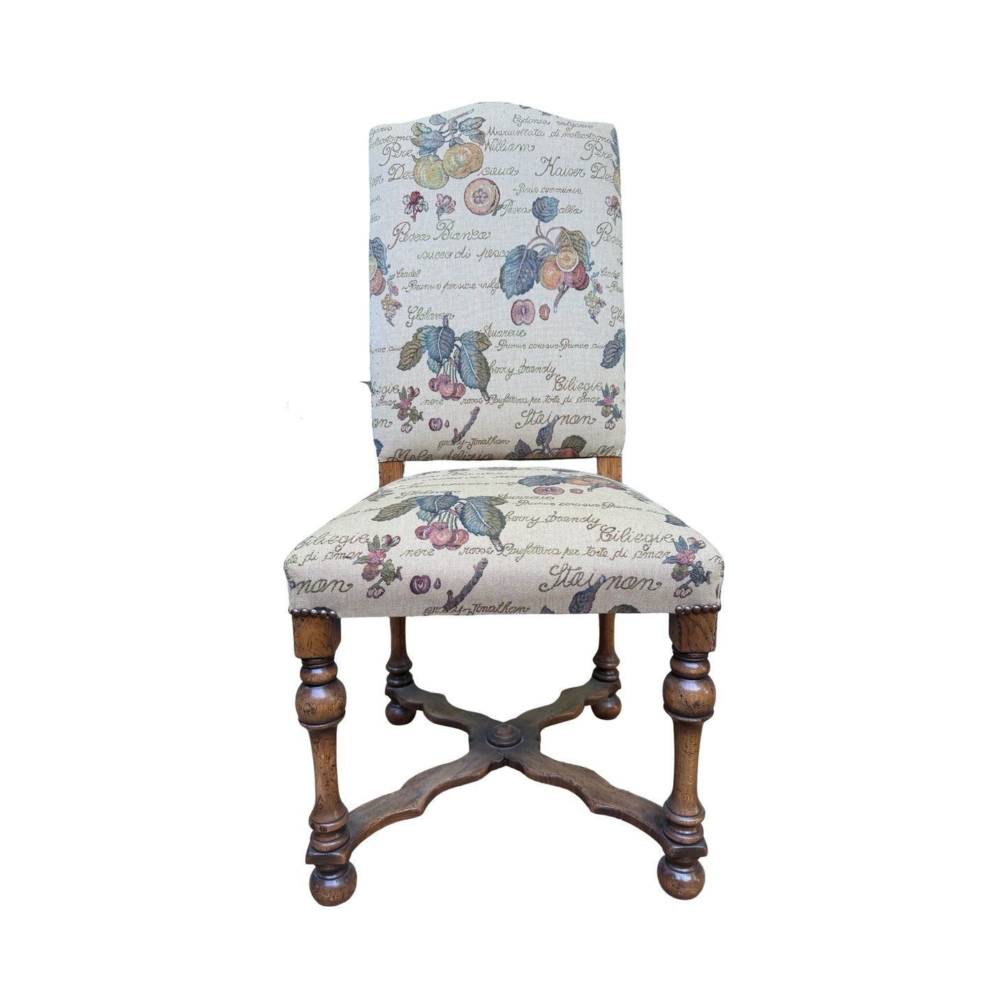 Set of 4 High Back Dining Chairs - Tapestry Fruit Print Oak Finish Chairs Set