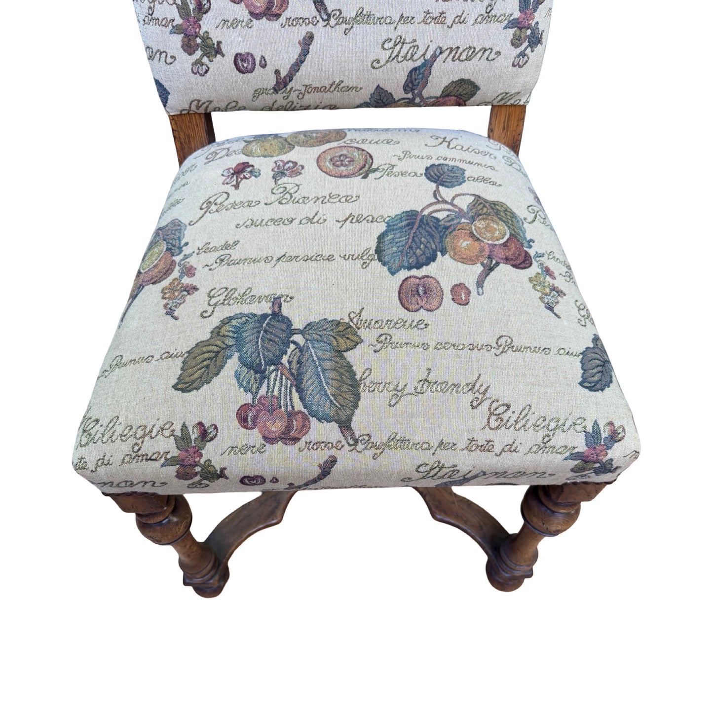 Set of 4 High Back Dining Chairs - Tapestry Fruit Print Oak Finish Chairs Set