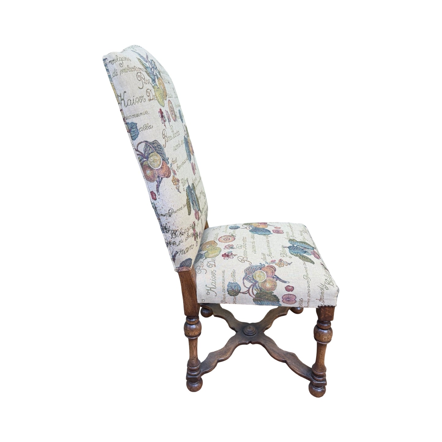 Set of 4 High Back Dining Chairs - Tapestry Fruit Print Oak Finish Chairs Set