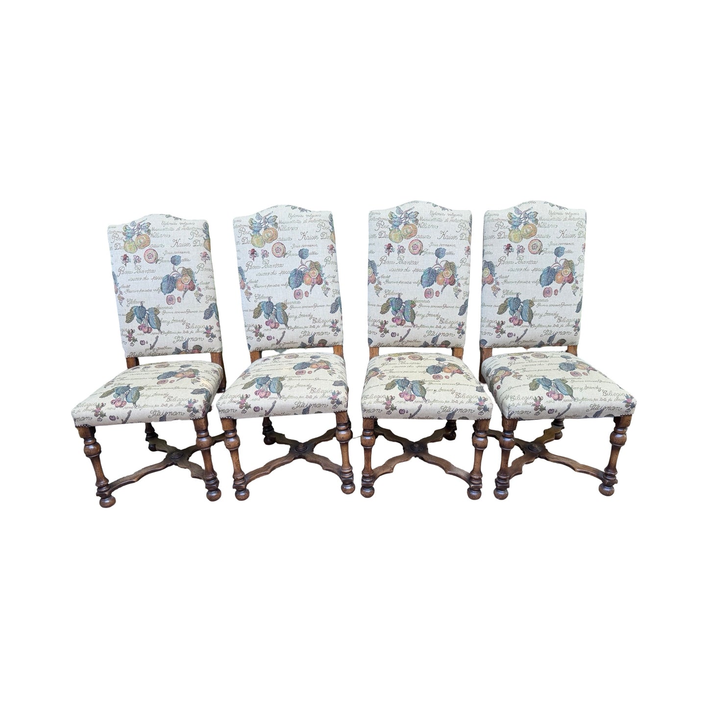 Set of 4 High Back Dining Chairs - Tapestry Fruit Print Oak Finish Chairs Set