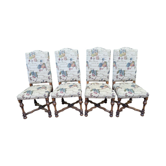 Set of 4 High Back Dining Chairs - Tapestry Fruit Print Oak Finish Chairs Set