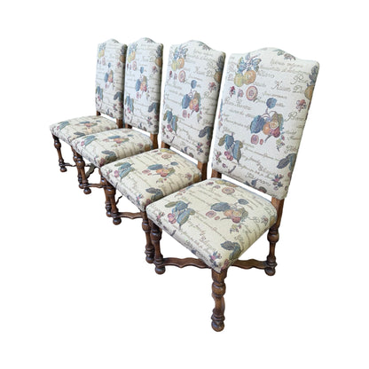 Set of 4 High Back Dining Chairs - Tapestry Fruit Print Oak Finish Chairs Set