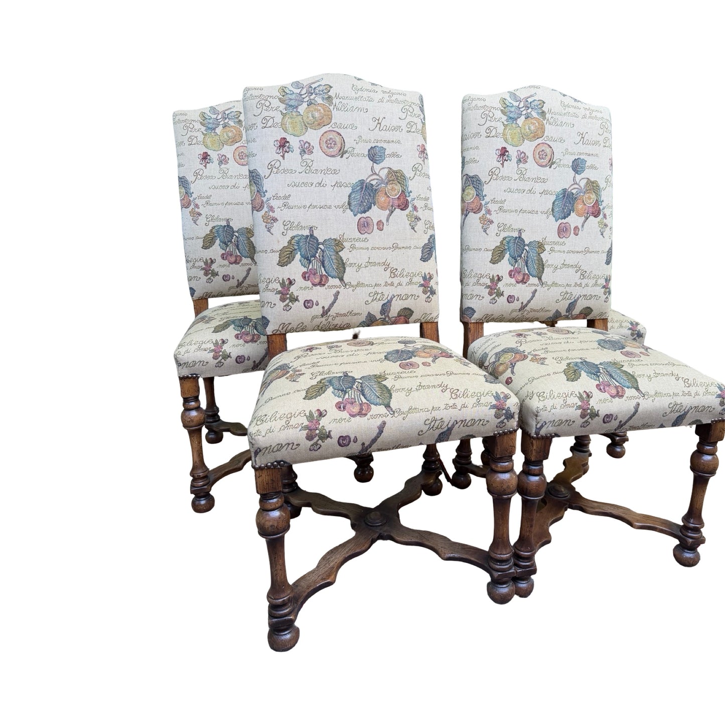 Set of 4 High Back Dining Chairs - Tapestry Fruit Print Oak Finish Chairs Set