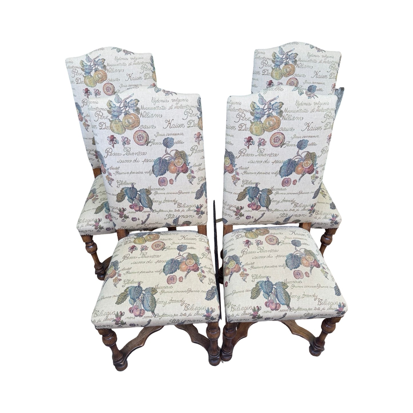 Set of 4 High Back Dining Chairs - Tapestry Fruit Print Oak Finish Chairs Set