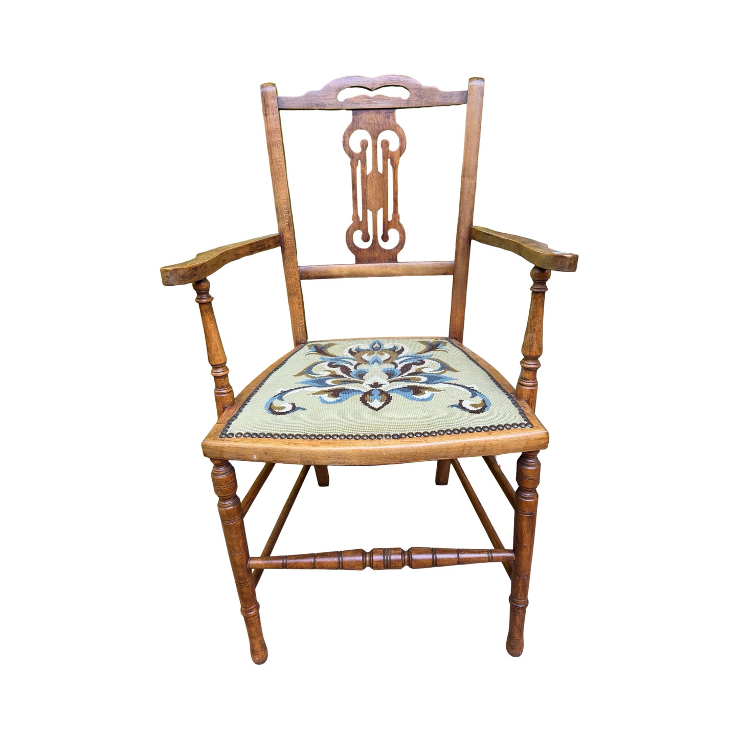 Antique Edwardian Oak Armchair - Occasional Bedroom Chair Tapestry Seat