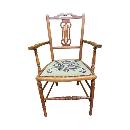 Antique Edwardian Oak Armchair - Occasional Bedroom Chair Tapestry Seat