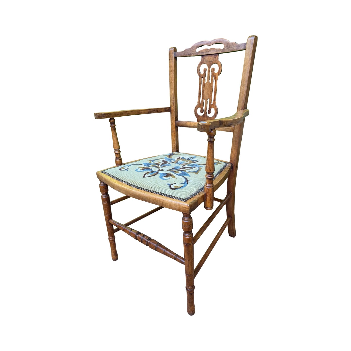 Antique Edwardian Oak Armchair - Occasional Bedroom Chair Tapestry Seat