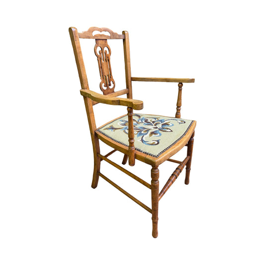 Antique Edwardian Oak Armchair - Occasional Bedroom Chair Tapestry Seat