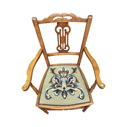 Antique Edwardian Oak Armchair - Occasional Bedroom Chair Tapestry Seat