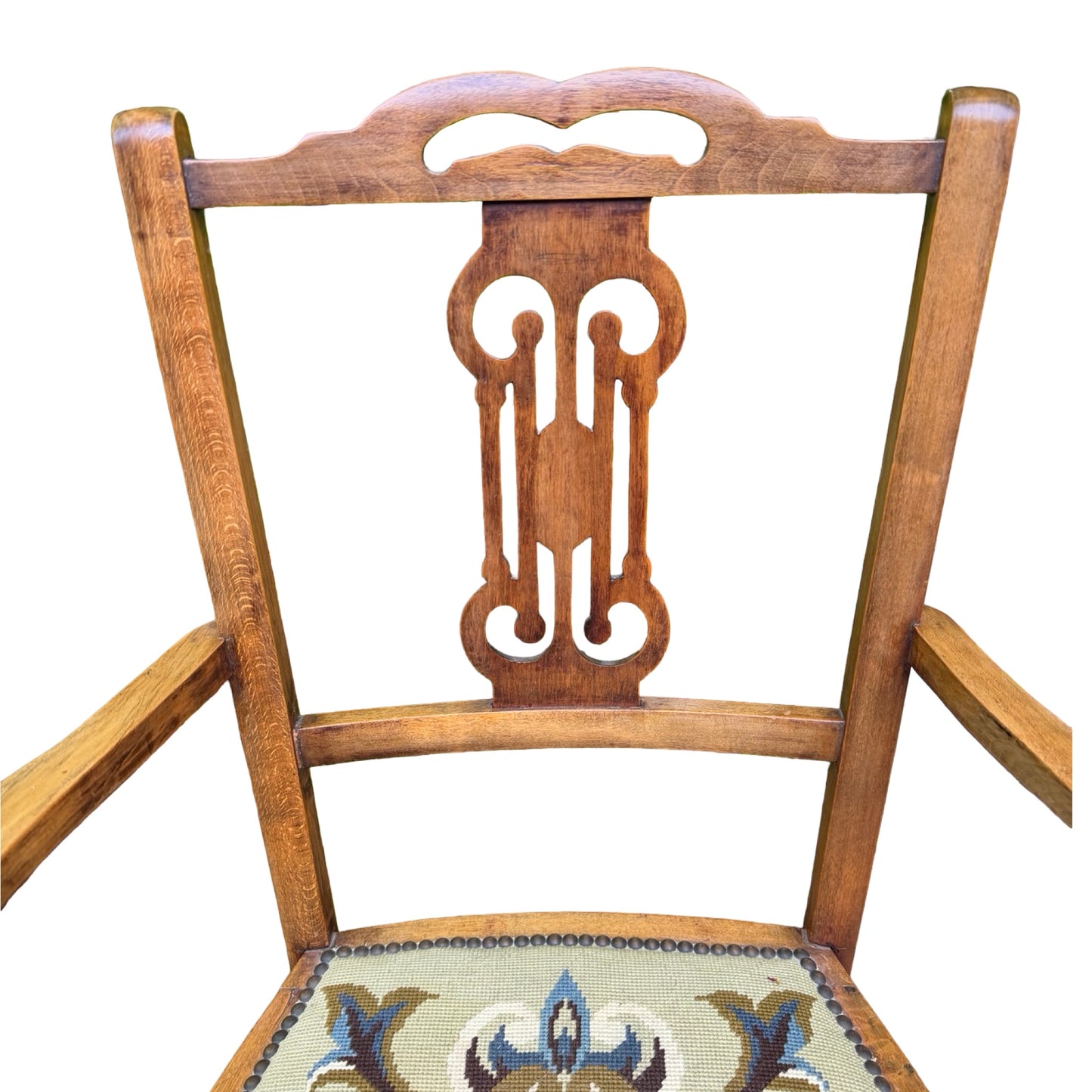 Antique Edwardian Oak Armchair - Occasional Bedroom Chair Tapestry Seat