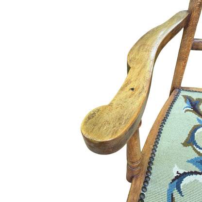 Antique Edwardian Oak Armchair - Occasional Bedroom Chair Tapestry Seat