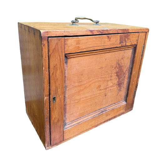 Antique Pine Tool Chest - Vintage Wood Storage Box with Brass Carry Handle 44cm