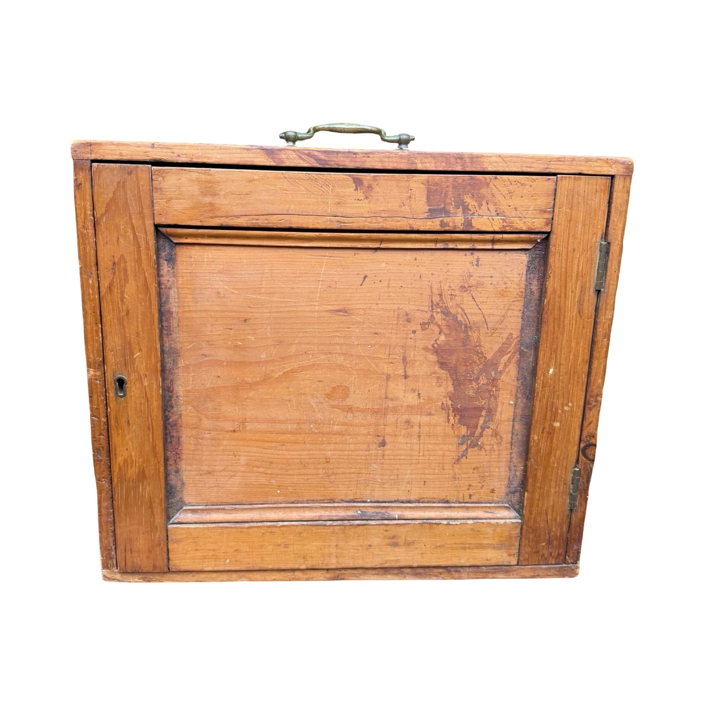 Antique Pine Tool Chest - Vintage Wood Storage Box with Brass Carry Handle 44cm
