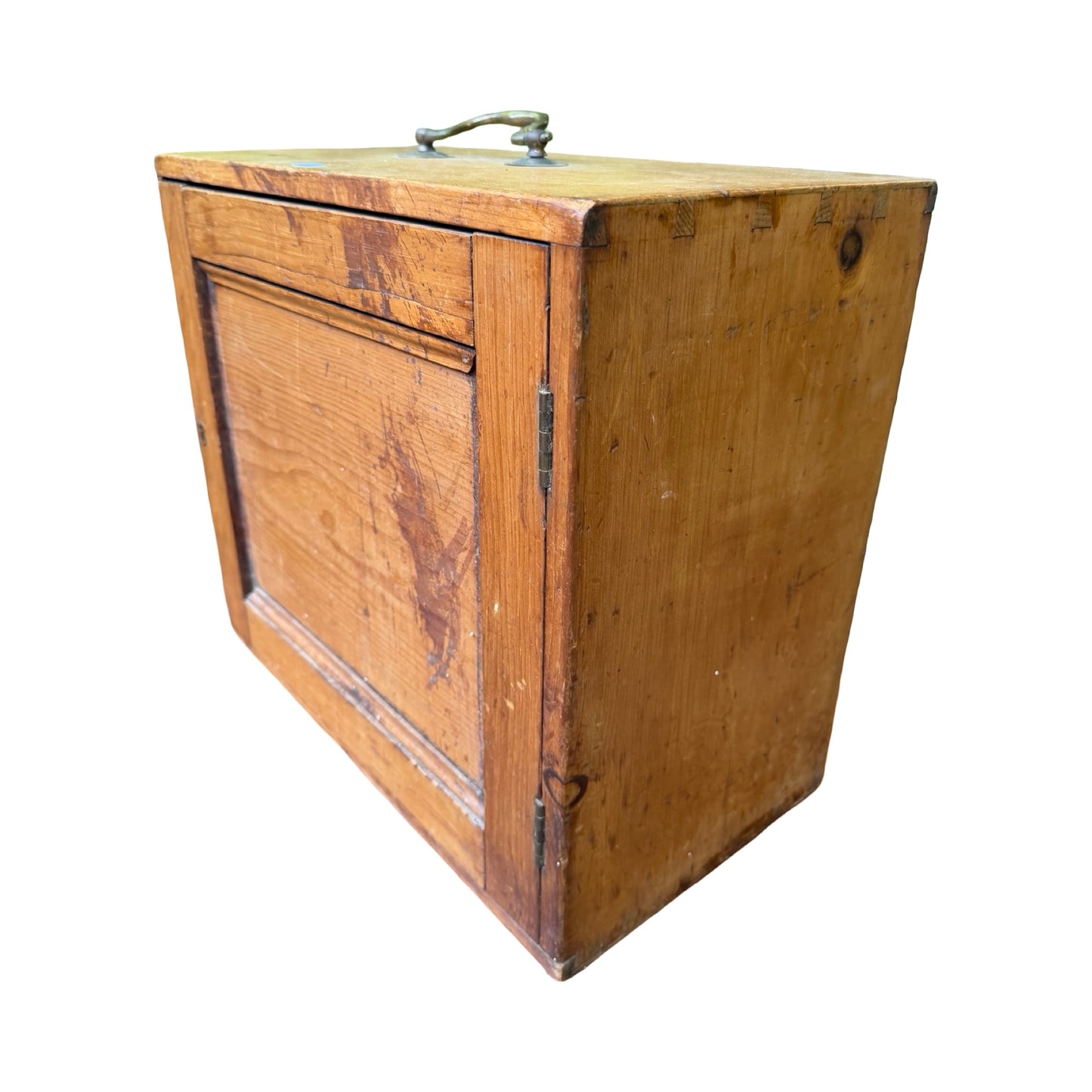 Antique Pine Tool Chest - Vintage Wood Storage Box with Brass Carry Handle 44cm