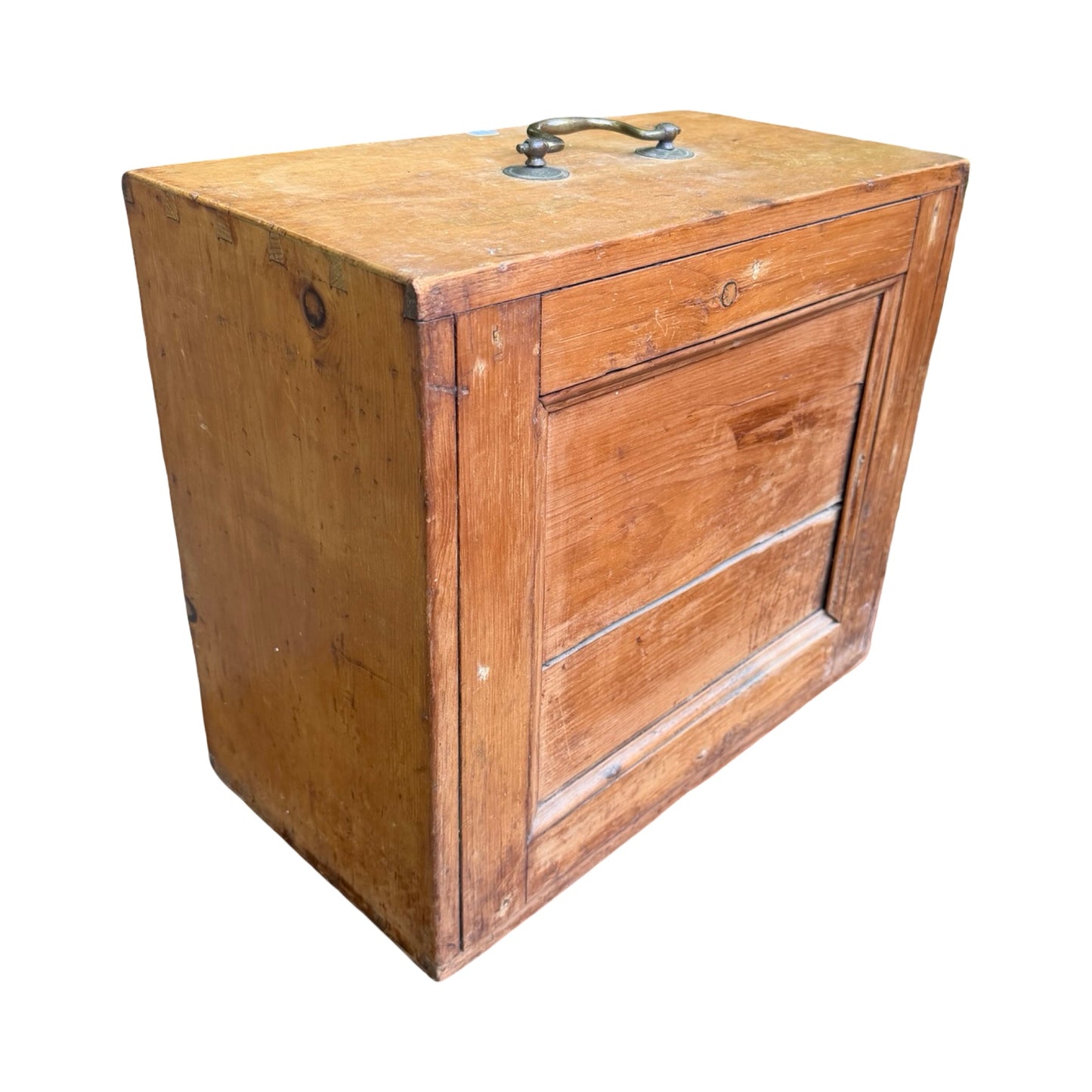 Antique Pine Tool Chest - Vintage Wood Storage Box with Brass Carry Handle 44cm