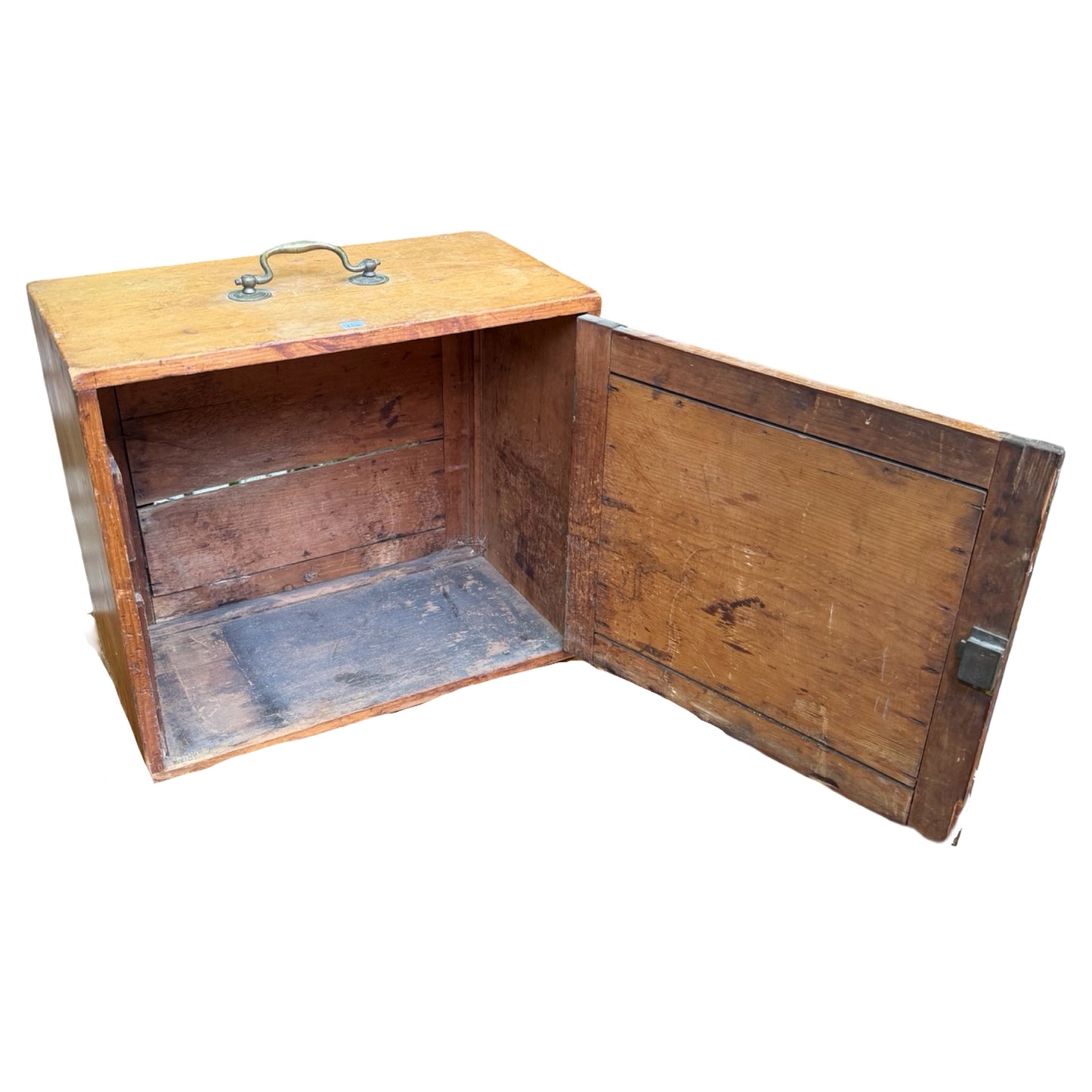 Antique Pine Tool Chest - Vintage Wood Storage Box with Brass Carry Handle 44cm