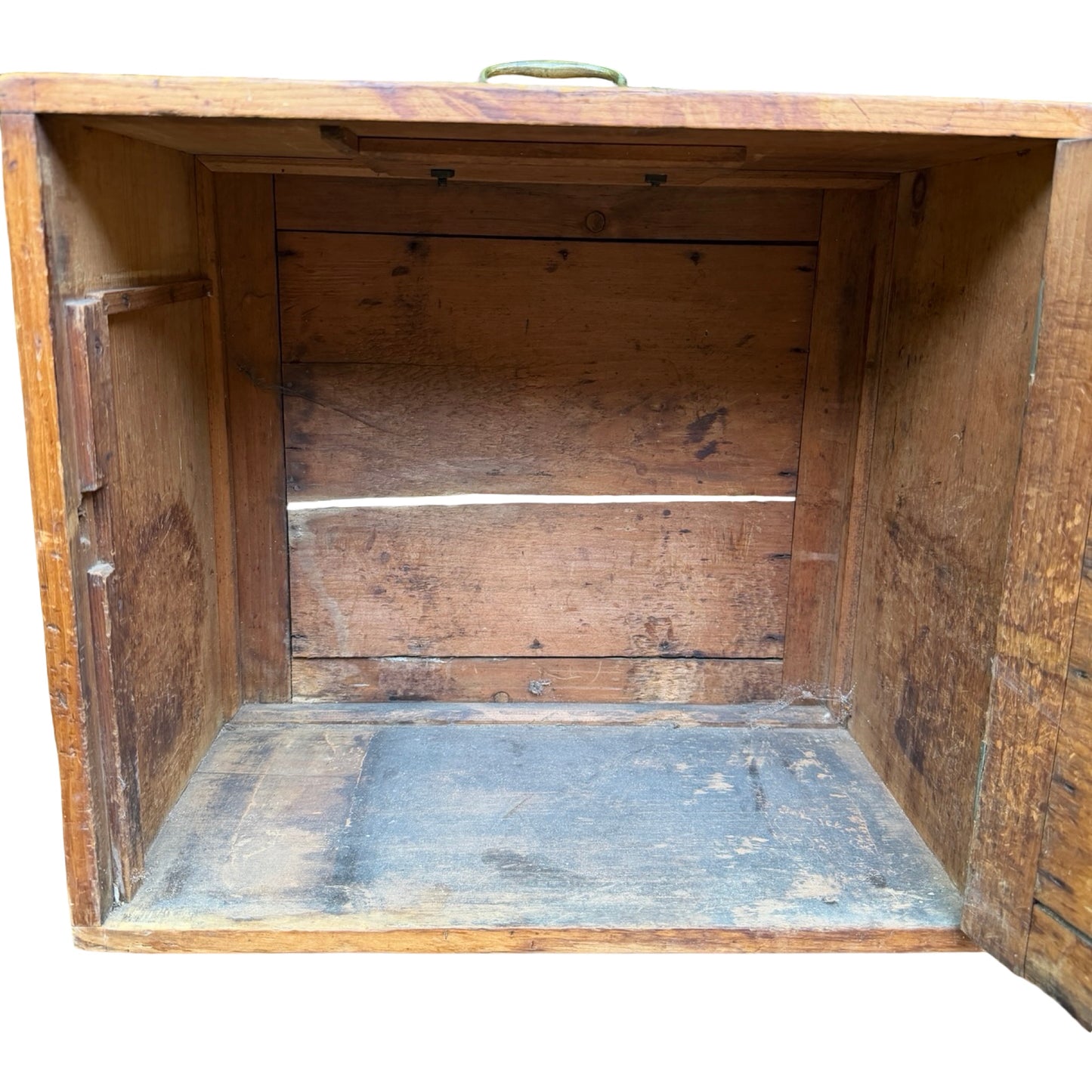 Antique Pine Tool Chest - Vintage Wood Storage Box with Brass Carry Handle 44cm