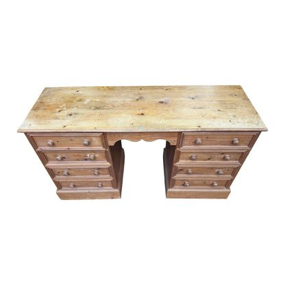 Large Vintage Pine Pedestal Desk - 8 Drawer Twin Pedestal Dressing Table 138cm