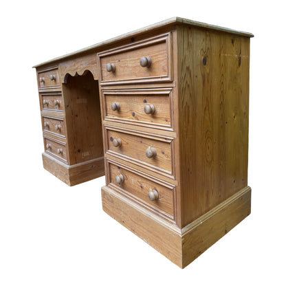 Large Vintage Pine Pedestal Desk - 8 Drawer Twin Pedestal Dressing Table 138cm