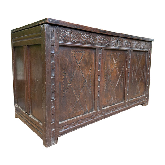 Antique 18th Century Style Carved Oak Coffer - Large Inlaid Blanket Chest 122cm