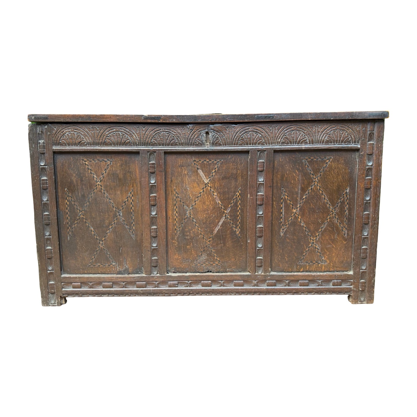 Antique 18th Century Style Carved Oak Coffer - Large Inlaid Blanket Chest 122cm