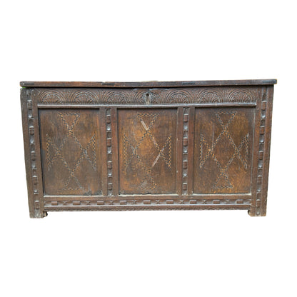 Antique 18th Century Style Carved Oak Coffer - Large Inlaid Blanket Chest 122cm