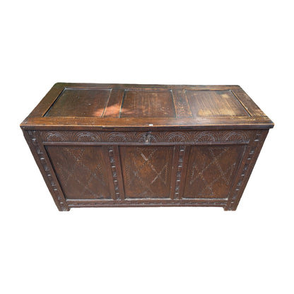 Antique 18th Century Style Carved Oak Coffer - Large Inlaid Blanket Chest 122cm