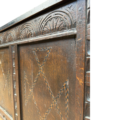 Antique 18th Century Style Carved Oak Coffer - Large Inlaid Blanket Chest 122cm