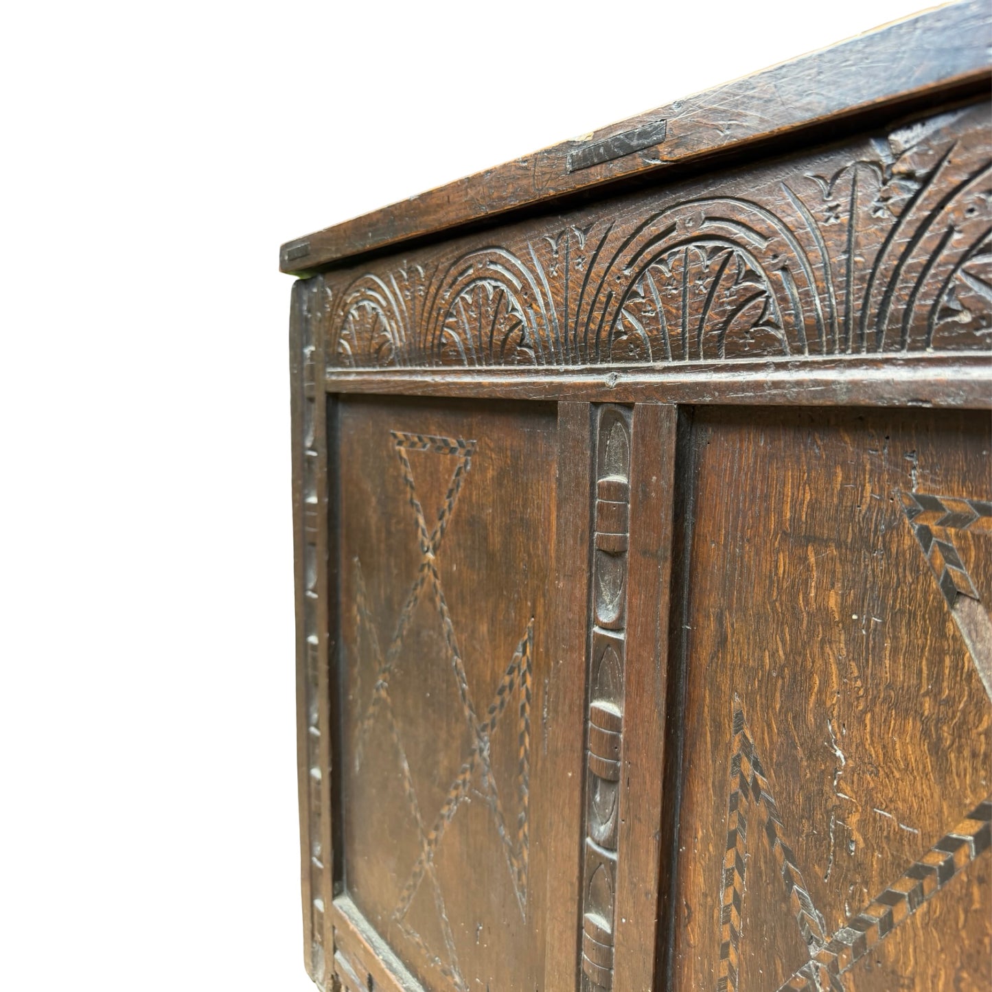 Antique 18th Century Style Carved Oak Coffer - Large Inlaid Blanket Chest 122cm
