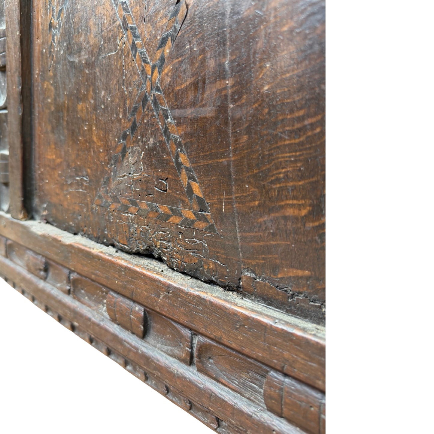 Antique 18th Century Style Carved Oak Coffer - Large Inlaid Blanket Chest 122cm