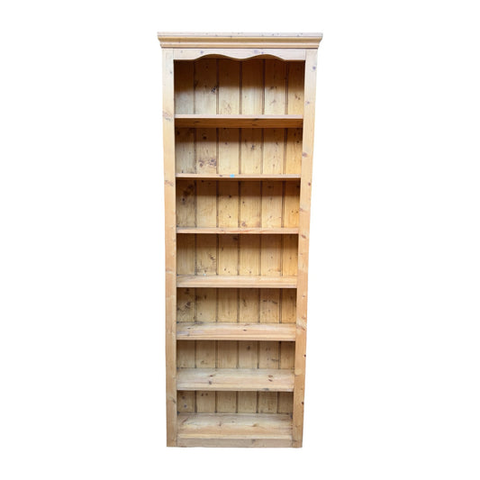 Tall Vintage Pine Open Bookcase - Slim 7 Tier Shelving Unit - Library Rack 230cm