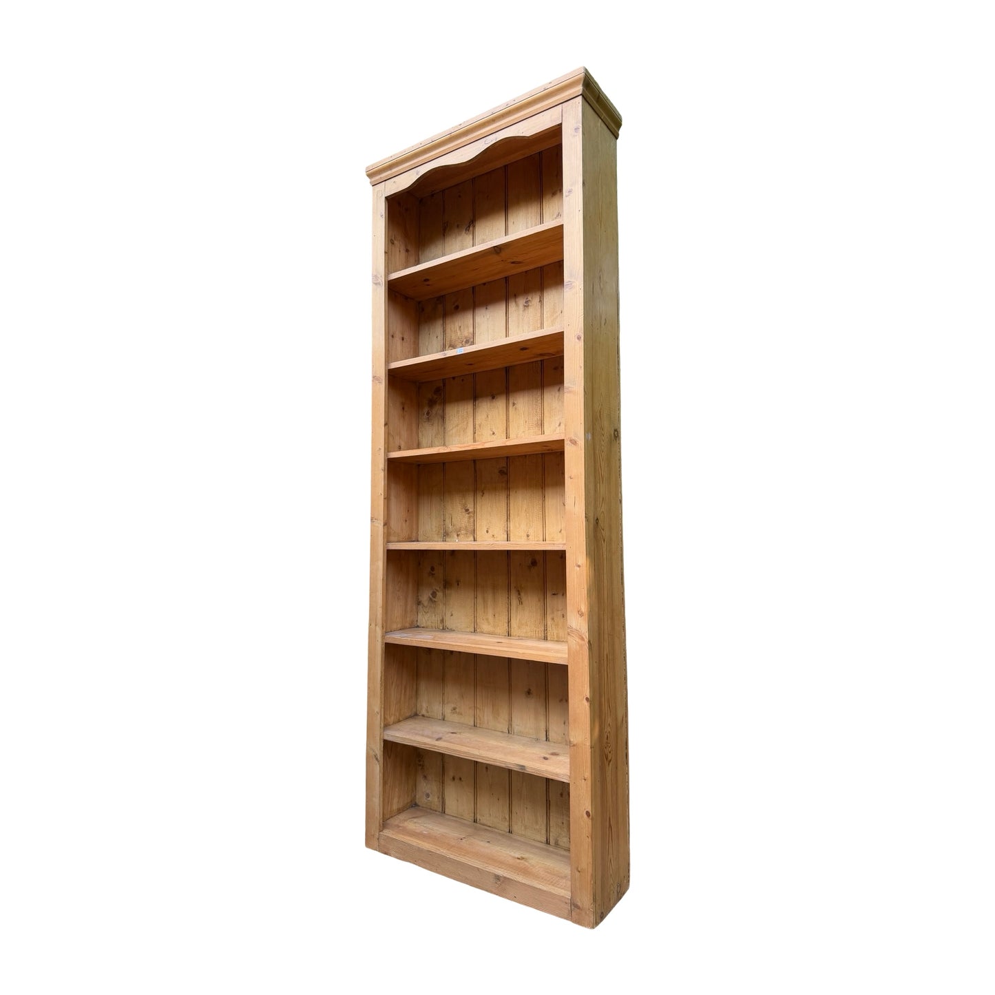 Tall Vintage Pine Open Bookcase - Slim 7 Tier Shelving Unit - Library Rack 230cm
