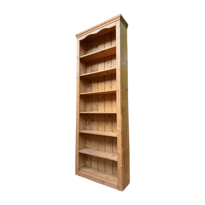 Tall Vintage Pine Open Bookcase - Slim 7 Tier Shelving Unit - Library Rack 230cm