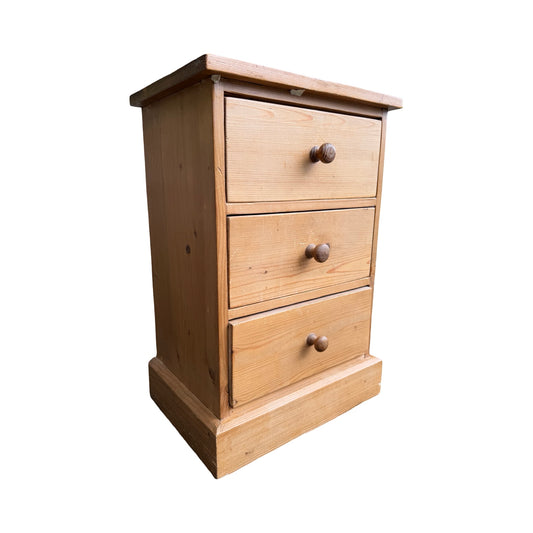 Vintage Pine Bedside Chest - 3 Drawer Nightstand Slim Storage Unit - 62cm High