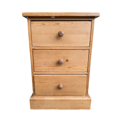 Vintage Pine Bedside Chest - 3 Drawer Nightstand Slim Storage Unit - 62cm High