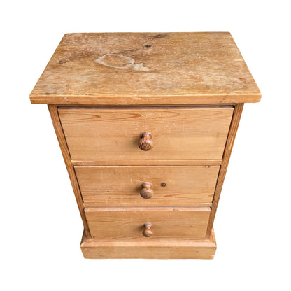 Vintage Pine Bedside Chest - 3 Drawer Nightstand Slim Storage Unit - 62cm High