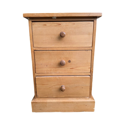 Vintage Pine Bedside Chest - 3 Drawer Nightstand Slim Storage Unit - 62cm High