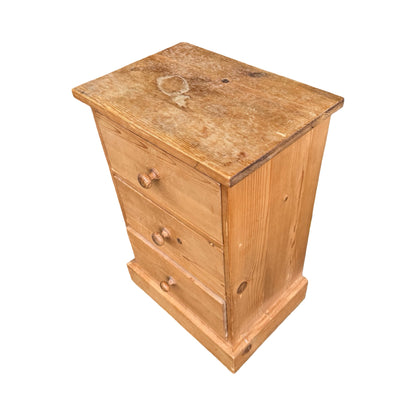 Vintage Pine Bedside Chest - 3 Drawer Nightstand Slim Storage Unit - 62cm High