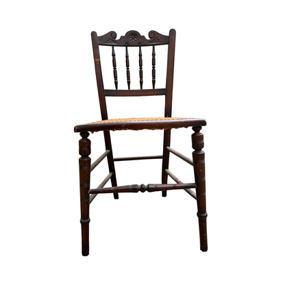 Antique Victorian Carved Bedroom Chair - Spindle Back Woven Cane Side Chair 81cm