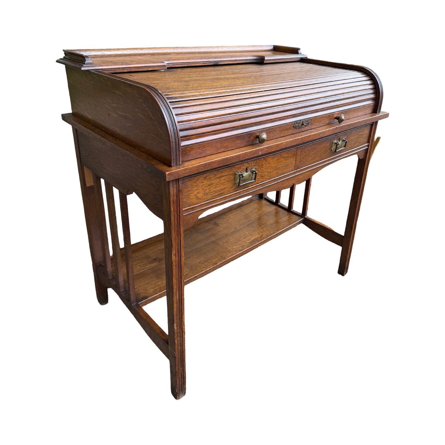 Antique Edwardian Oak Roll Top Desk - Small Tambour Front Writing Bureau 100cm